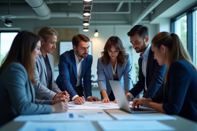 Professionals discussing network plans in an office setting.